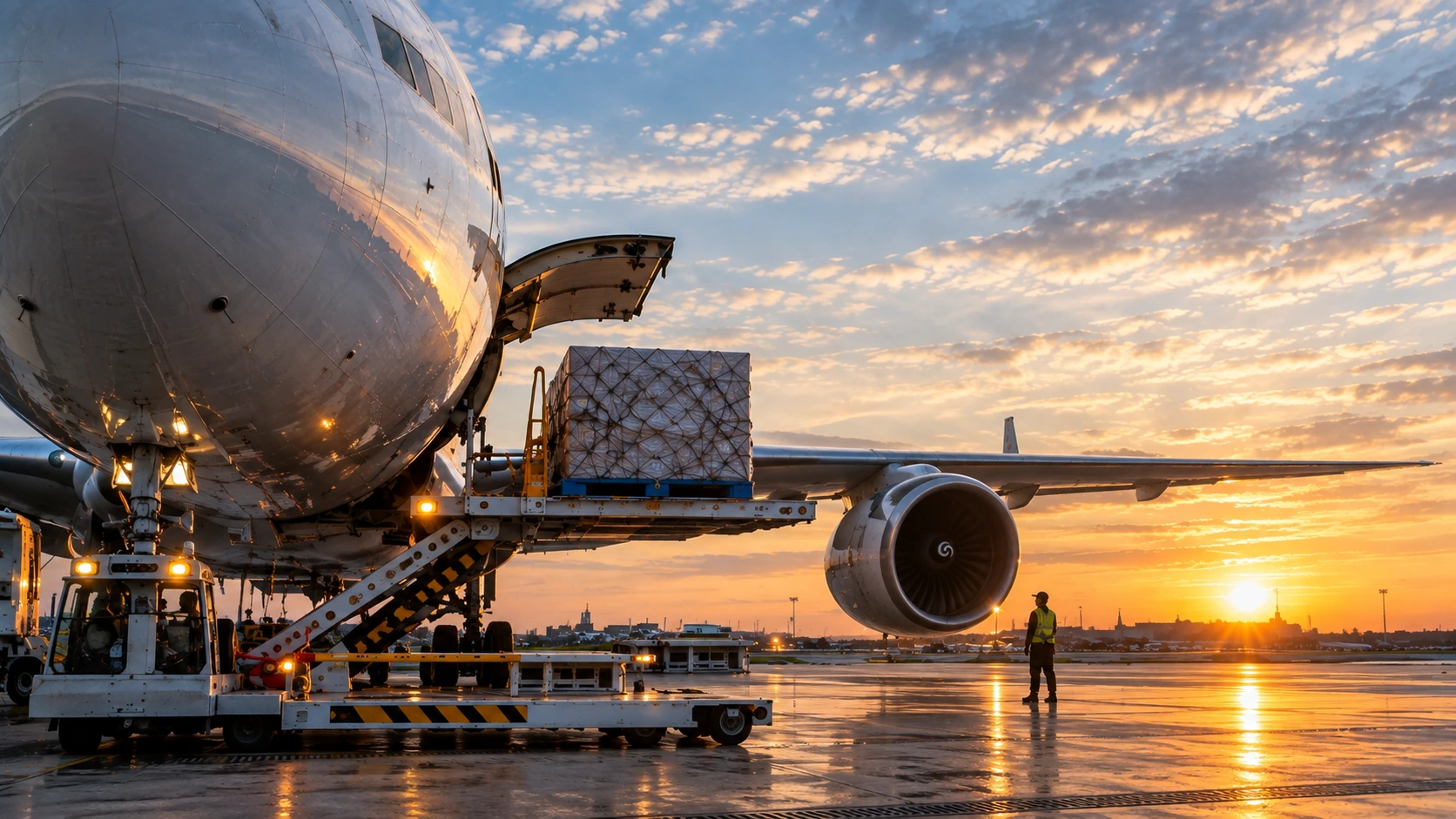 Ground crew loading a cargo pallet into a freighter aircraft at sunset